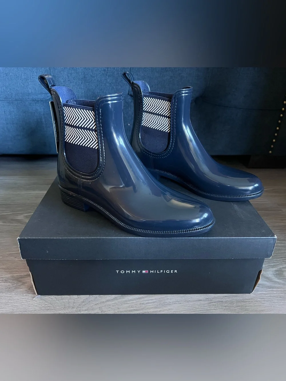 NWT Tommy Hilfiger Navy Blue Chelsea Rain Boots with Chevron Detail